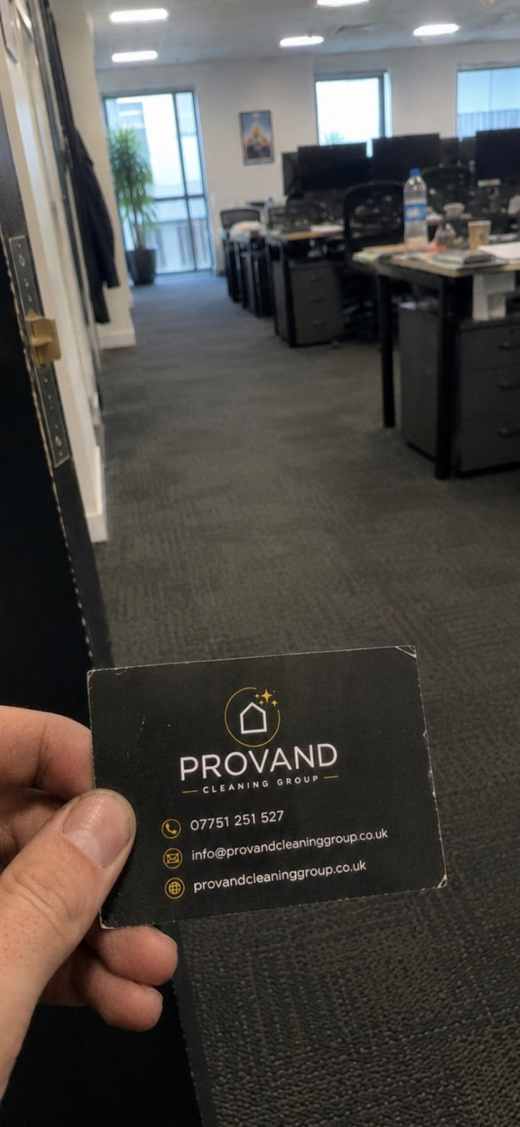 Provand business card in a cleaned Glasgow office
